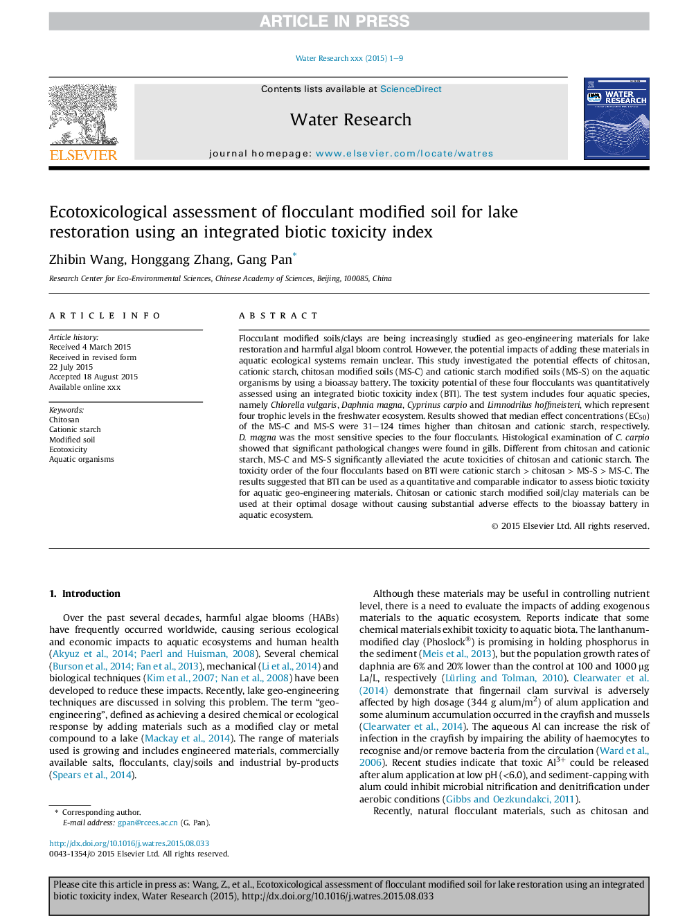 Ecotoxicological assessment of flocculant modified soil for lake restoration using an integrated biotic toxicity index