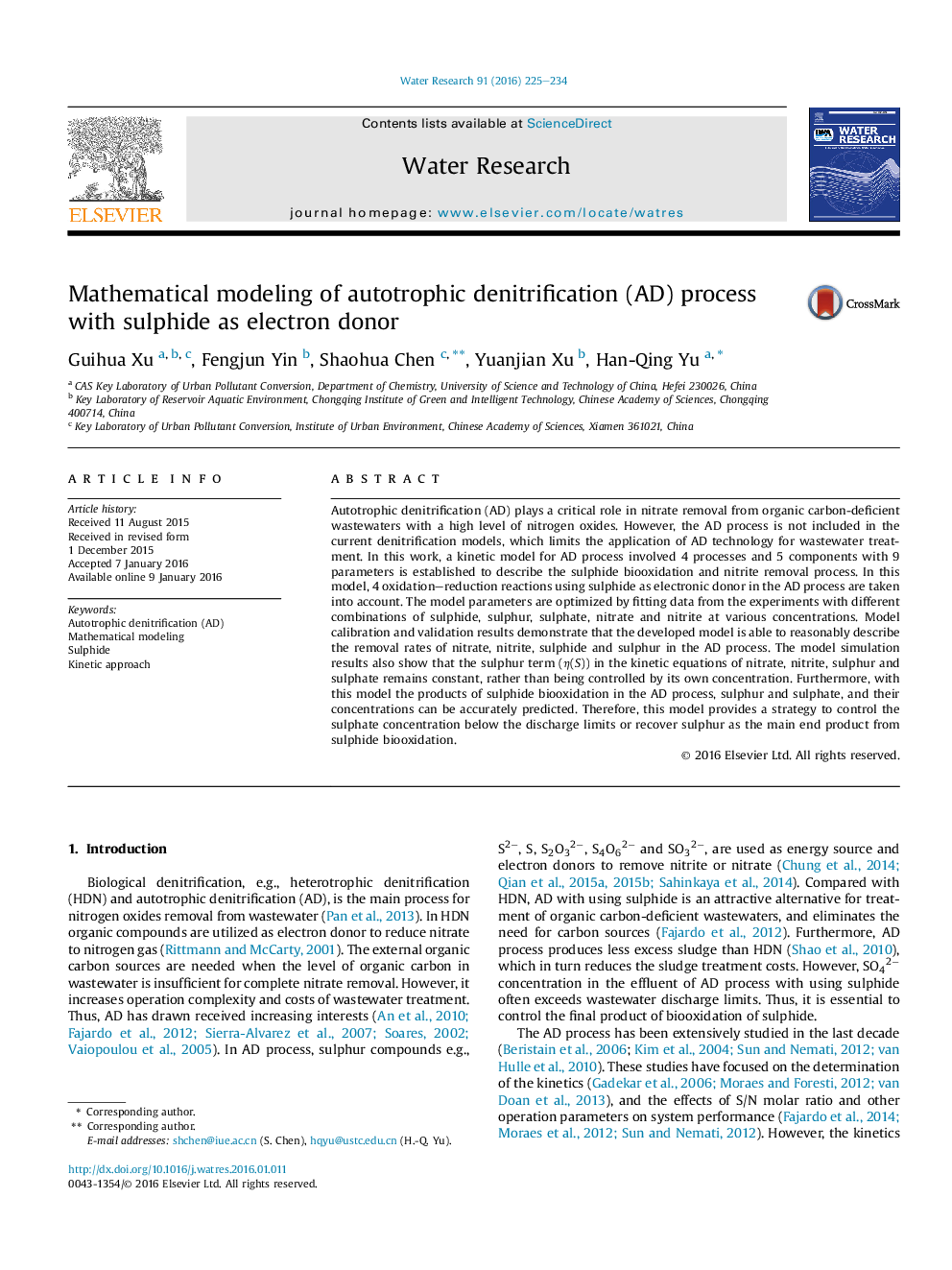 Mathematical modeling of autotrophic denitrification (AD) process with sulphide as electron donor