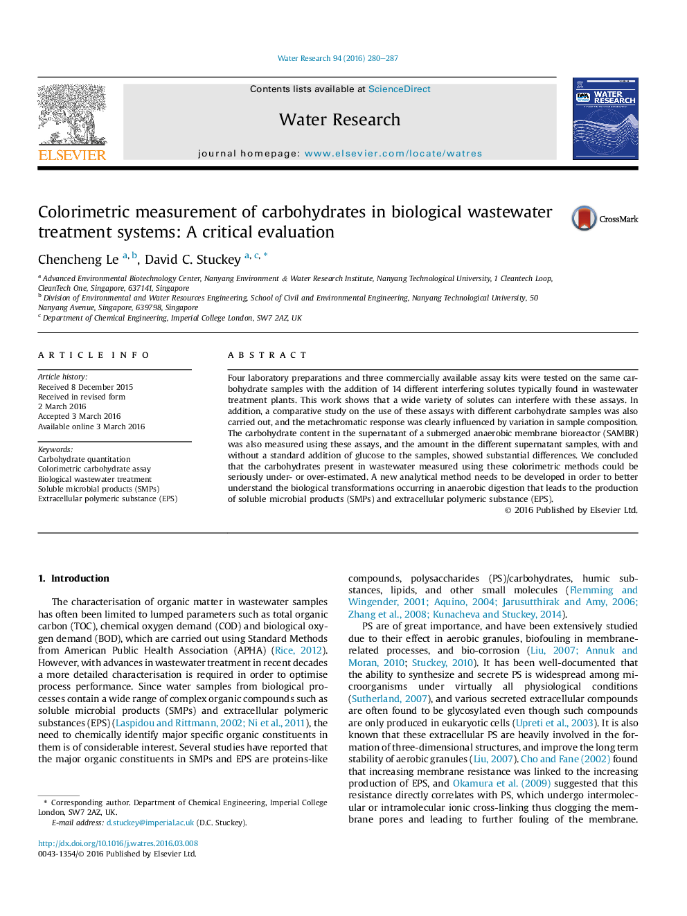 Colorimetric measurement of carbohydrates in biological wastewater treatment systems: A critical evaluation