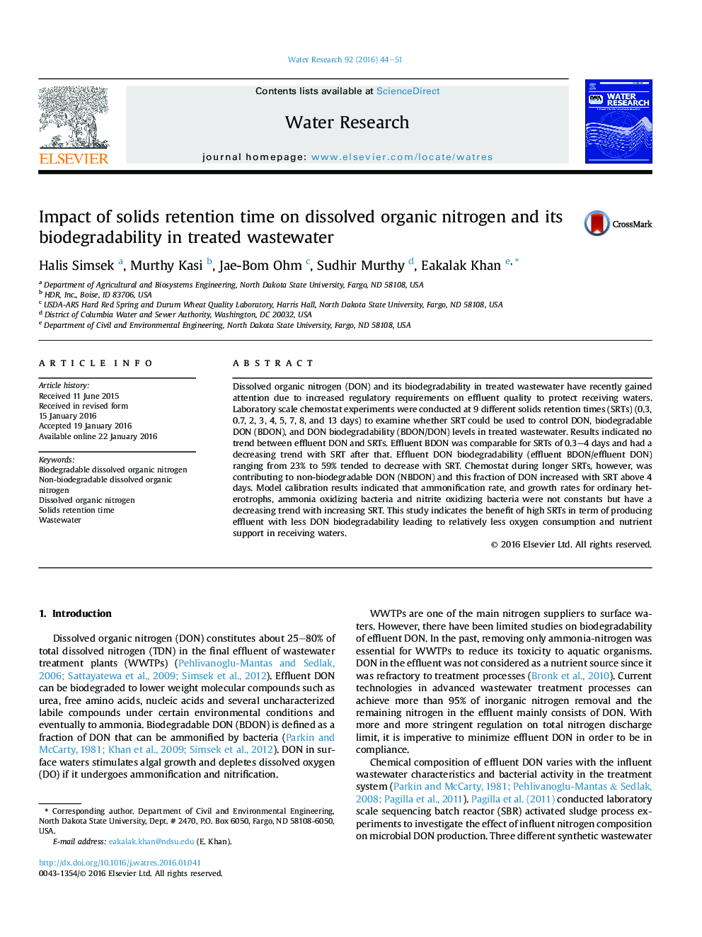 Impact of solids retention time on dissolved organic nitrogen and its biodegradability in treated wastewater