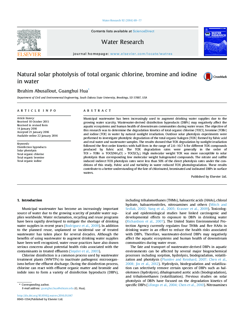 Natural solar photolysis of total organic chlorine, bromine and iodine in water