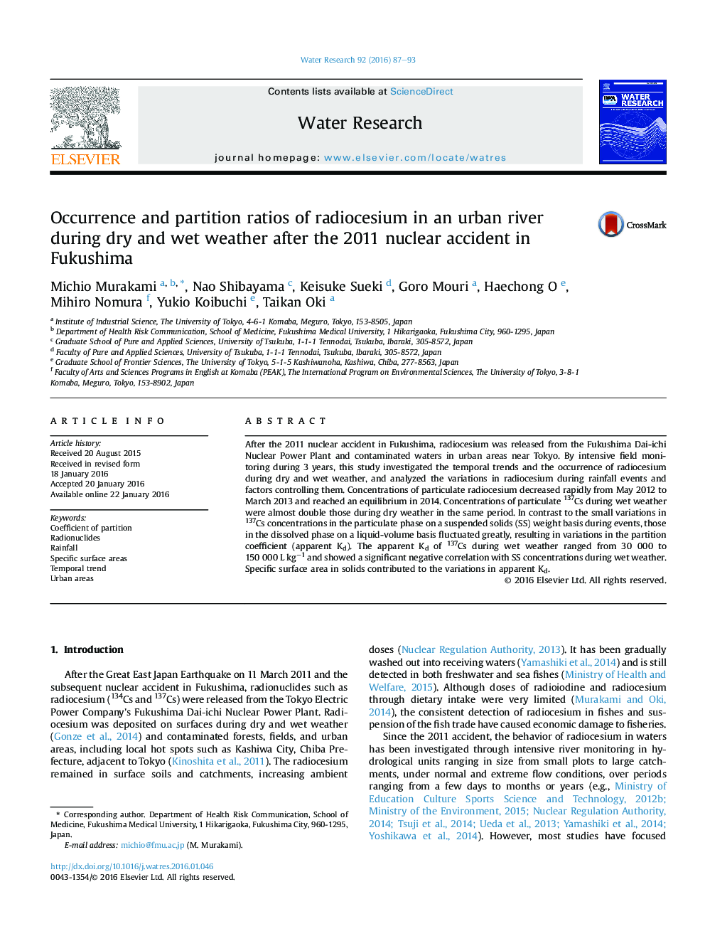 Occurrence and partition ratios of radiocesium in an urban river during dry and wet weather after the 2011 nuclear accident in Fukushima