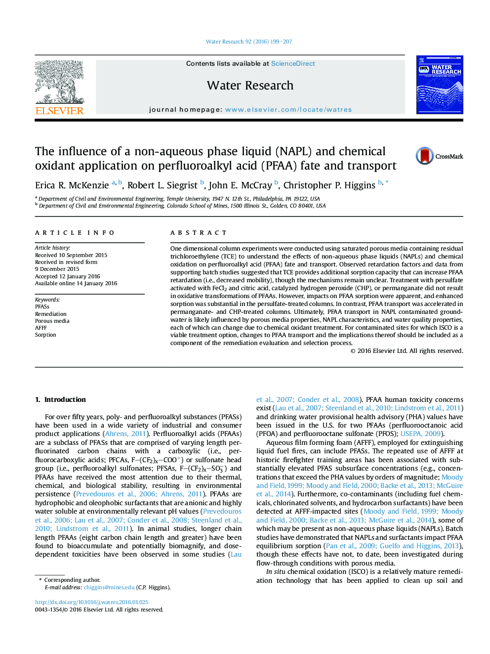 The influence of a non-aqueous phase liquid (NAPL) and chemical oxidant application on perfluoroalkyl acid (PFAA) fate and transport