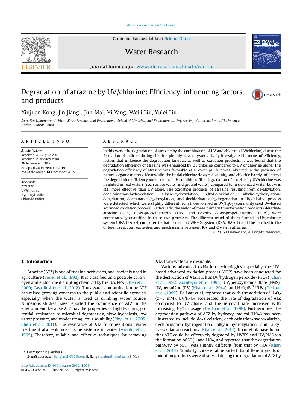 Degradation of atrazine by UV/chlorine: Efficiency, influencing factors, and products