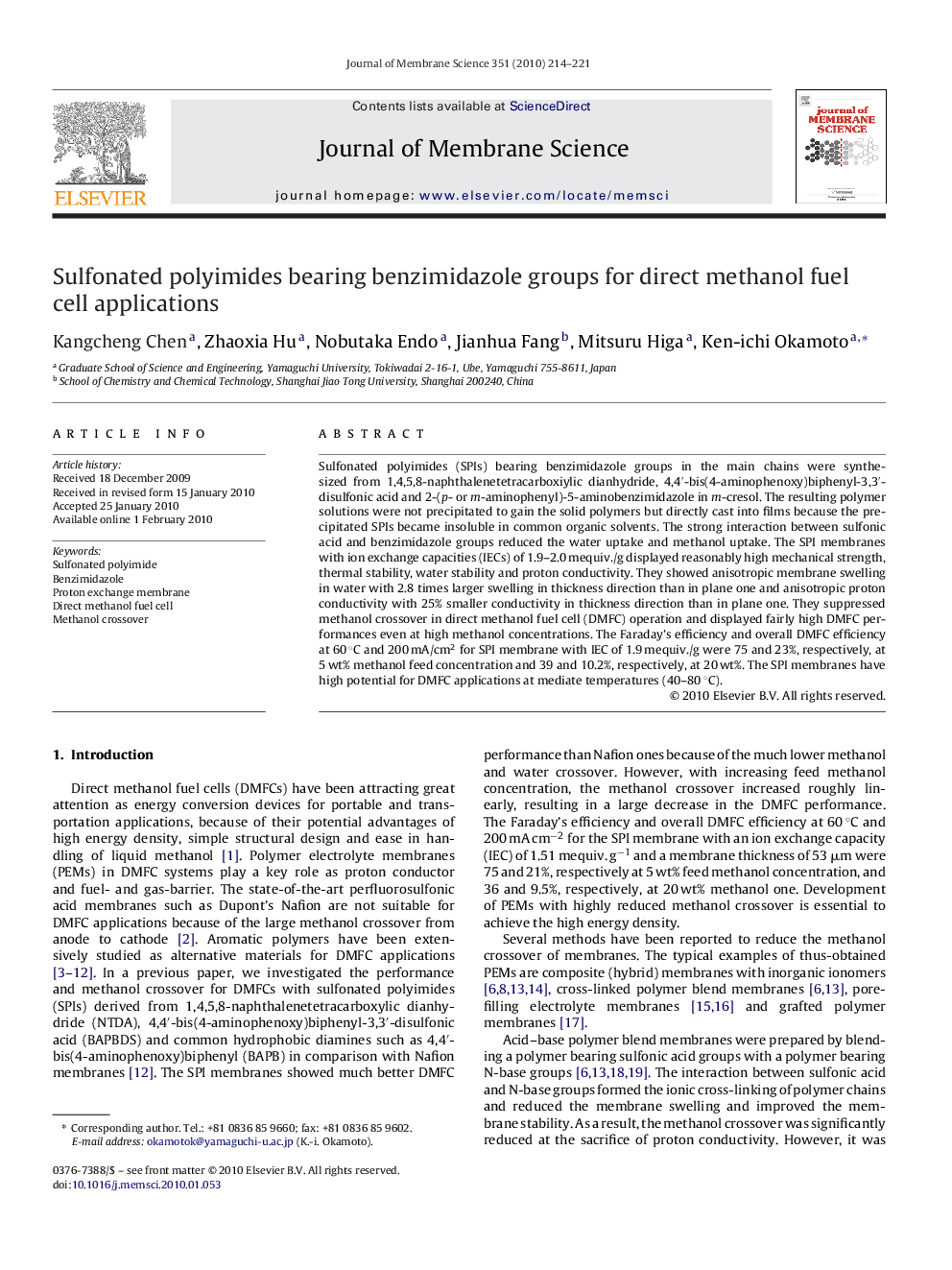 Sulfonated polyimides bearing benzimidazole groups for direct methanol fuel cell applications