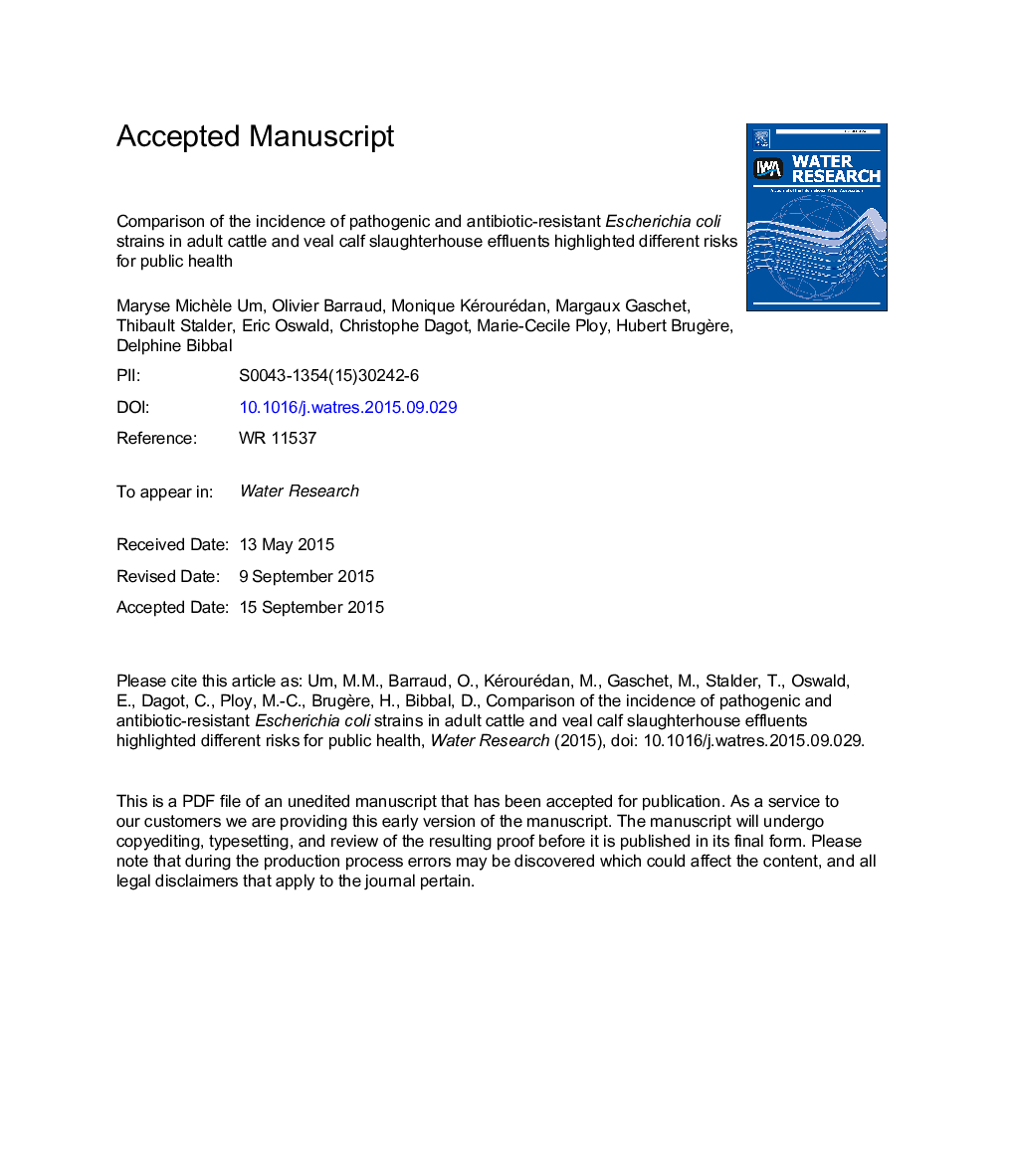 Comparison of the incidence of pathogenic and antibiotic-resistant Escherichia coli strains in adult cattle and veal calf slaughterhouse effluents highlighted different risks for public health