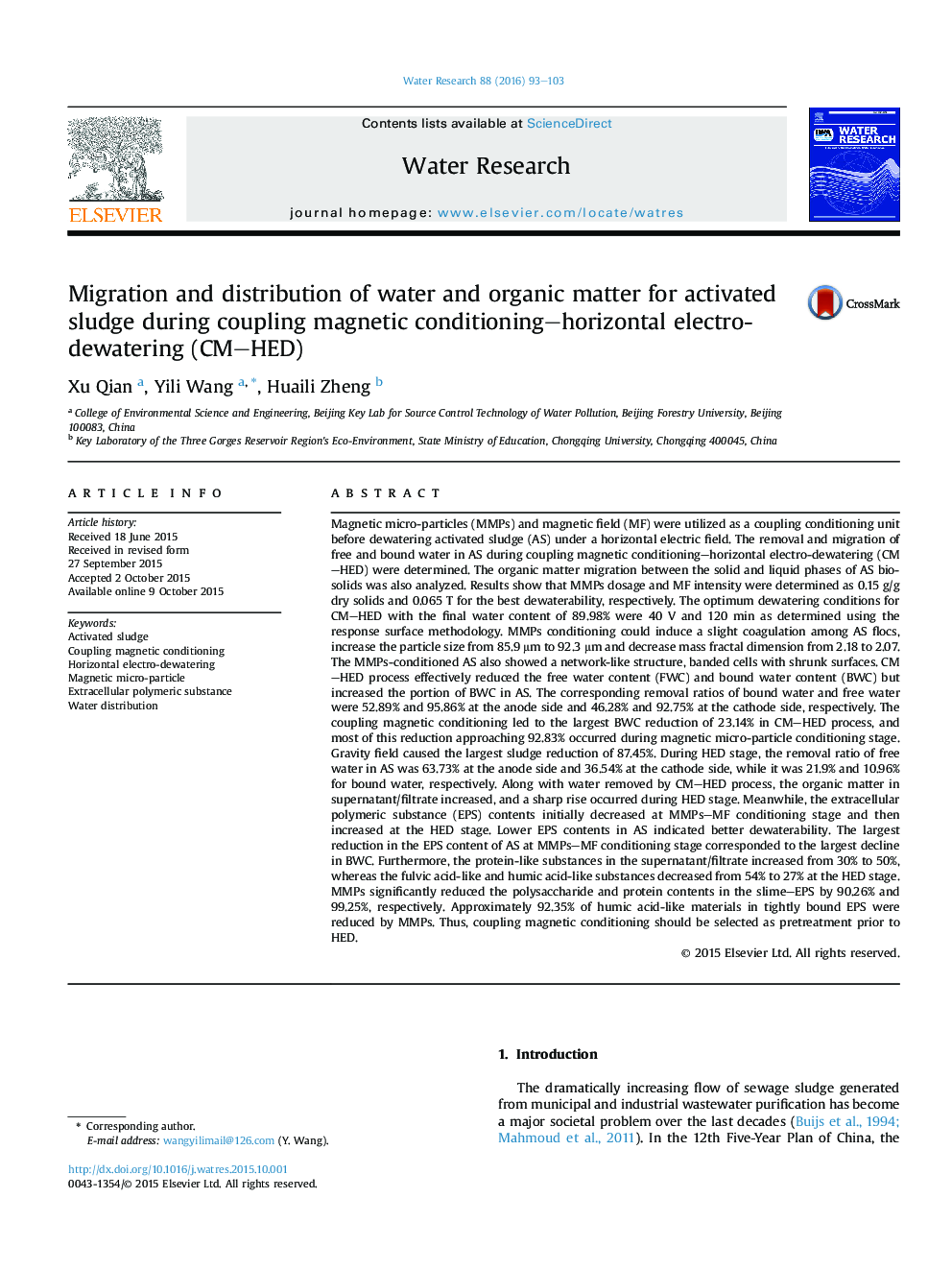 Migration and distribution of water and organic matter for activated sludge during coupling magnetic conditioning-horizontal electro-dewatering (CM-HED)