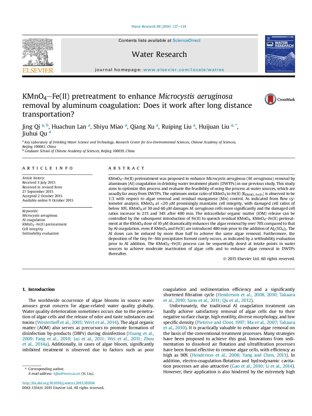 KMnO4-Fe(II) pretreatment to enhance Microcystis aeruginosa removal by aluminum coagulation: Does it work after long distance transportation?