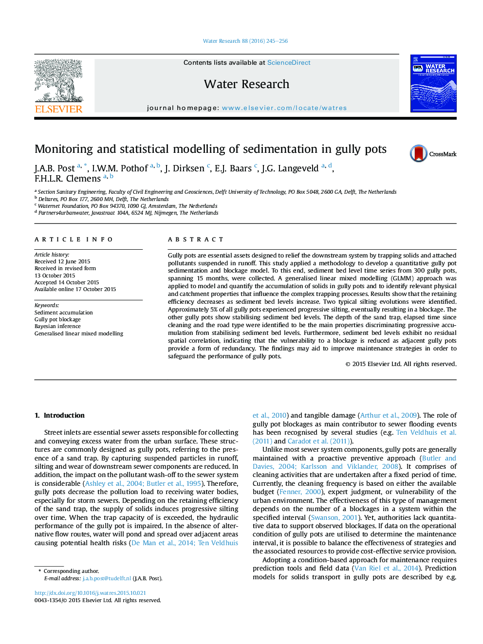 Monitoring and statistical modelling of sedimentation in gully pots