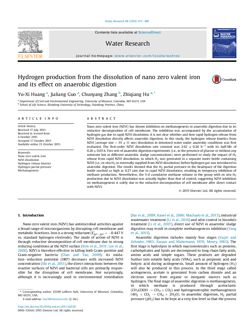 Hydrogen production from the dissolution of nano zero valent iron and its effect on anaerobic digestion