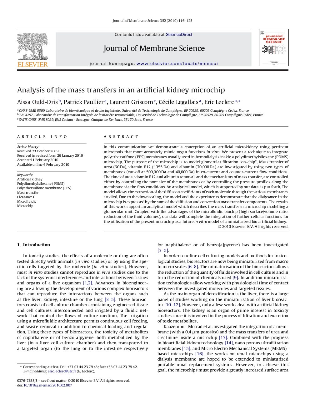 Analysis of the mass transfers in an artificial kidney microchip