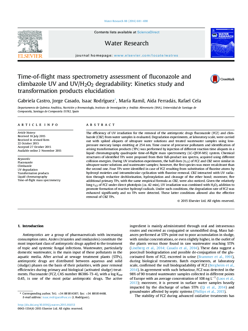 Time-of-flight mass spectrometry assessment of fluconazole and climbazole UV and UV/H2O2 degradability: Kinetics study and transformation products elucidation