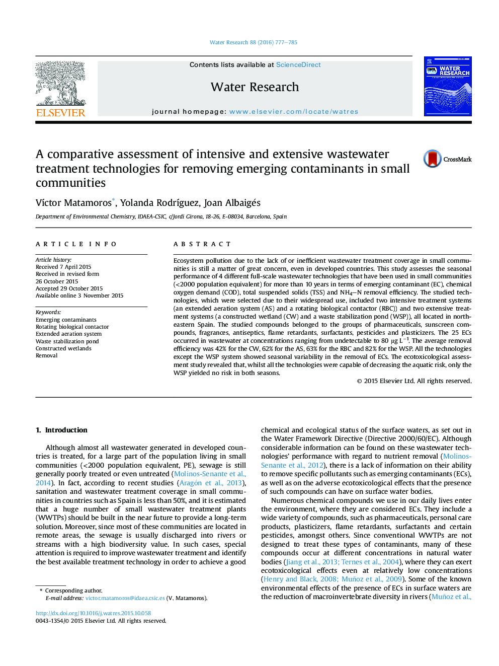 A comparative assessment of intensive and extensive wastewater treatment technologies for removing emerging contaminants in small communities