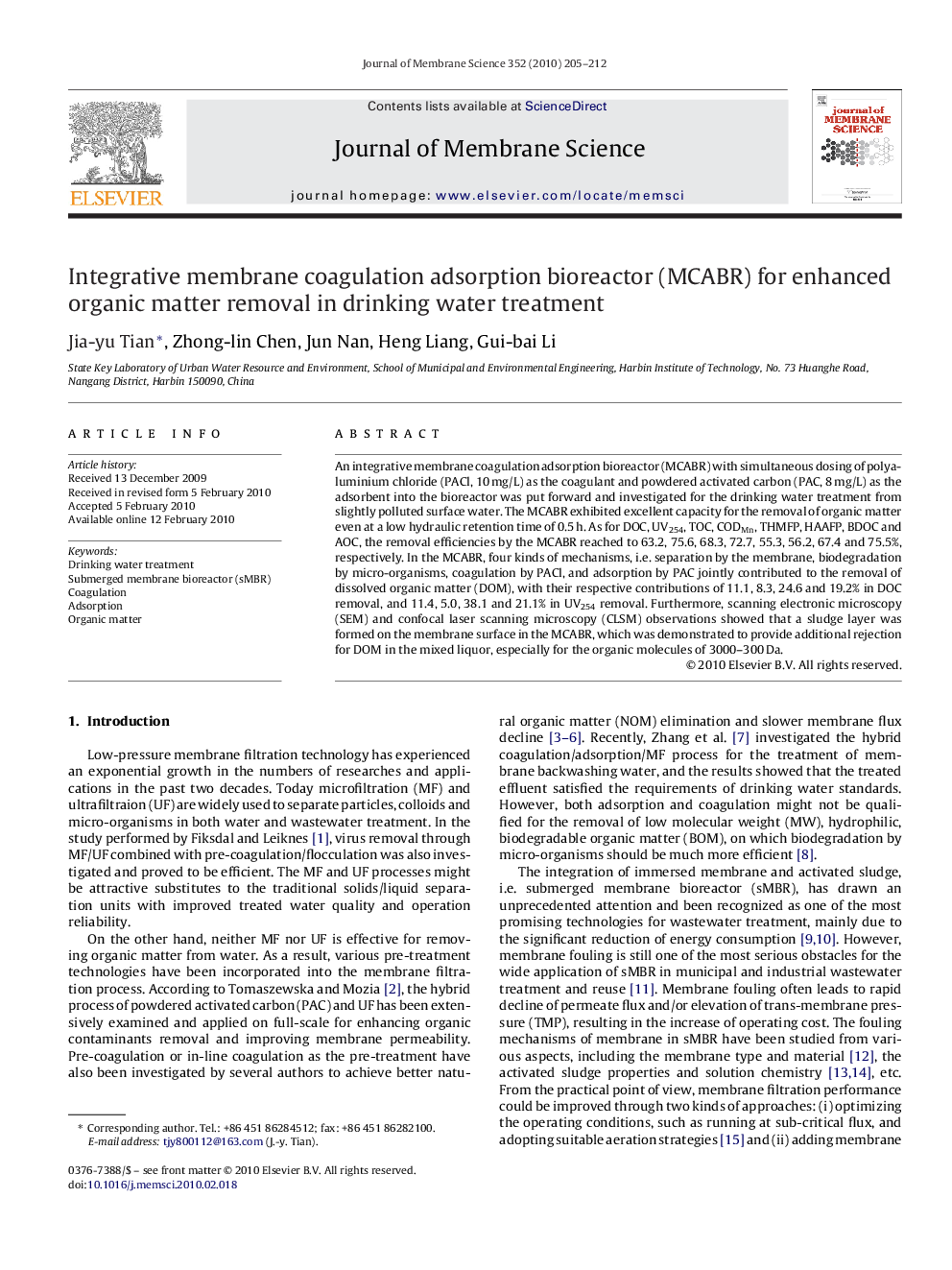 Integrative membrane coagulation adsorption bioreactor (MCABR) for enhanced organic matter removal in drinking water treatment