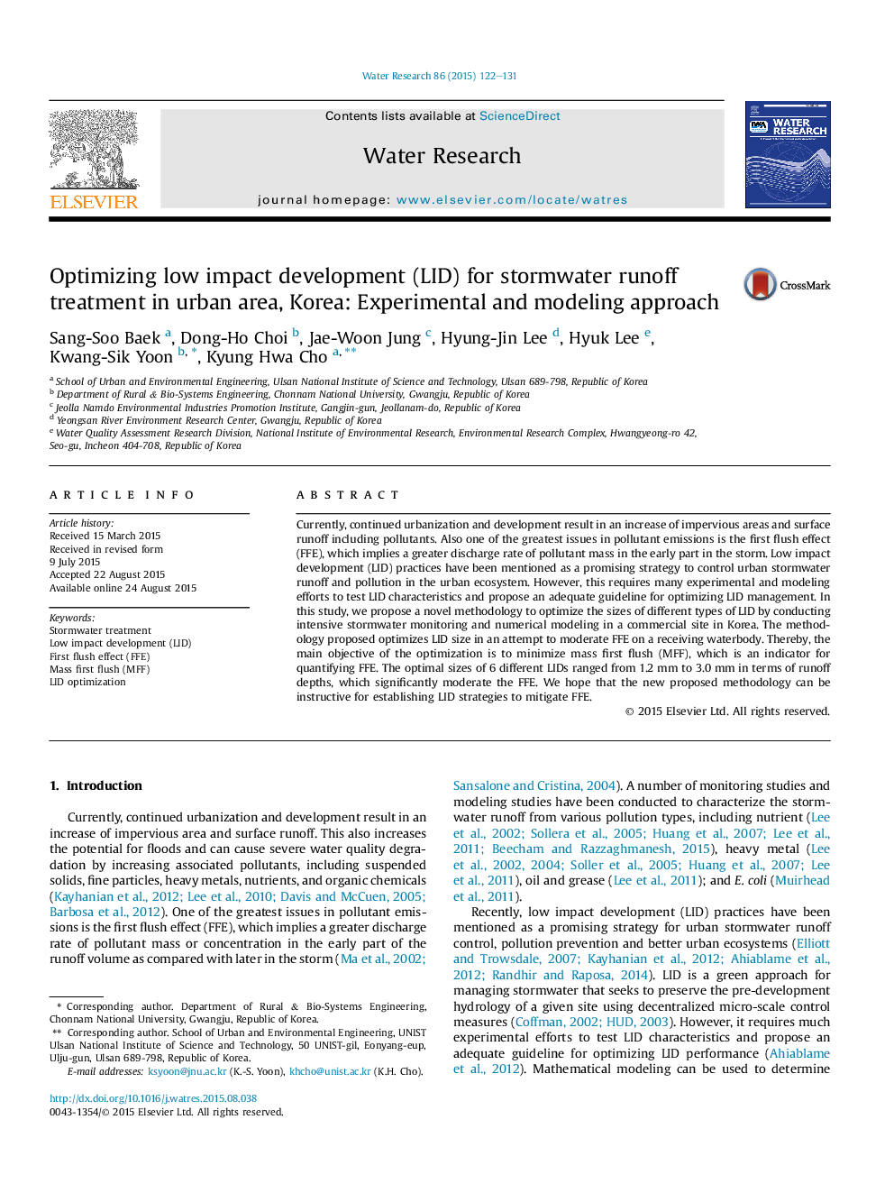 Optimizing low impact development (LID) for stormwater runoff treatment in urban area, Korea: Experimental and modeling approach