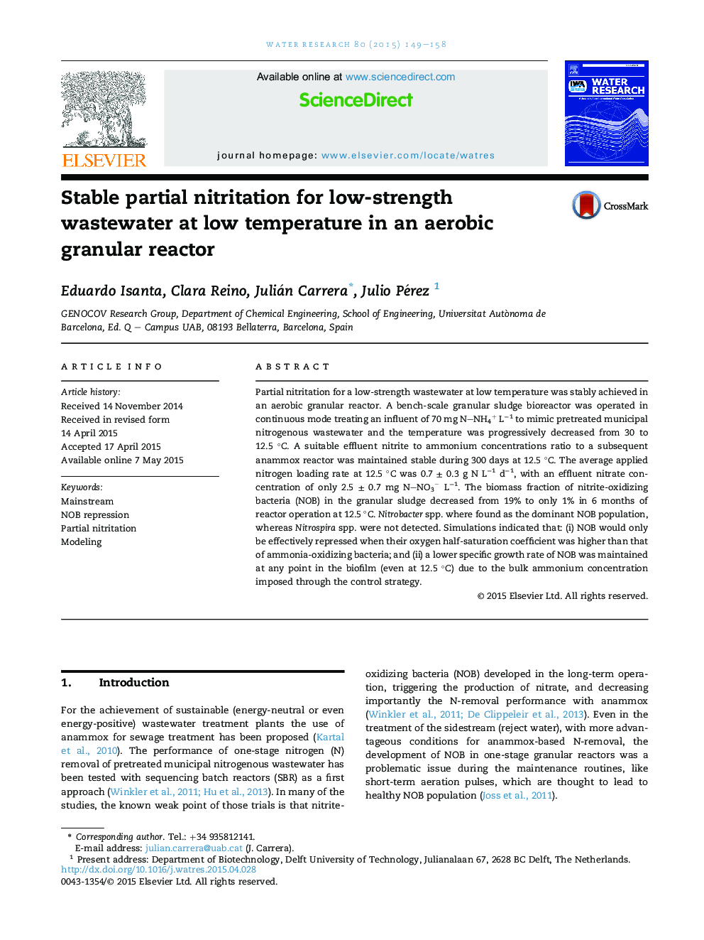 Stable partial nitritation for low-strength wastewater at low temperature in an aerobic granular reactor
