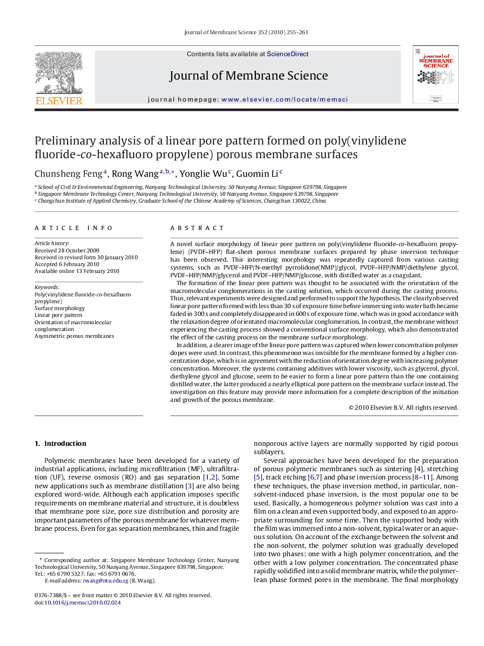 Preliminary analysis of a linear pore pattern formed on poly(vinylidene fluoride-co-hexafluoro propylene) porous membrane surfaces