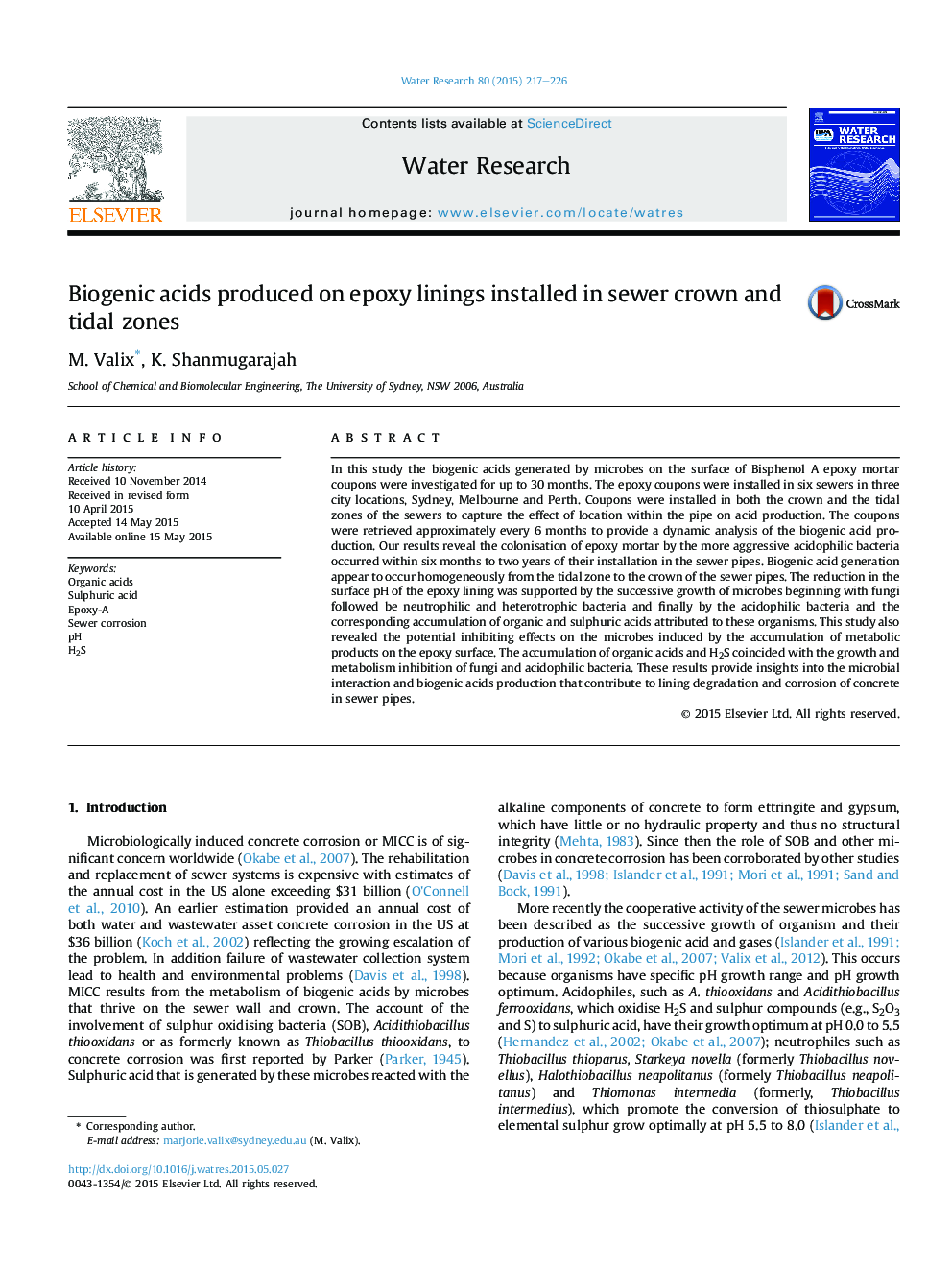 Biogenic acids produced on epoxy linings installed in sewer crown and tidal zones