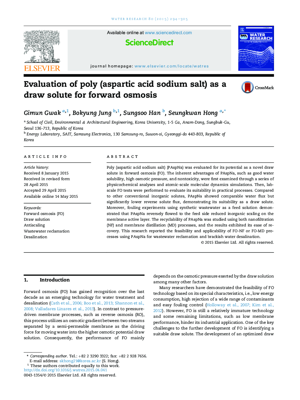Evaluation of poly (aspartic acid sodium salt) as a draw solute for forward osmosis