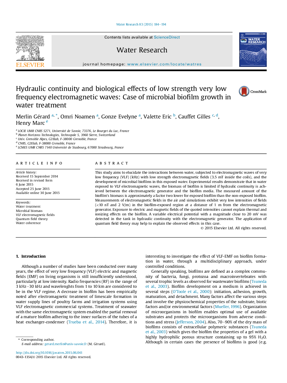 Hydraulic continuity and biological effects of low strength very low frequency electromagnetic waves: Case of microbial biofilm growth in water treatment