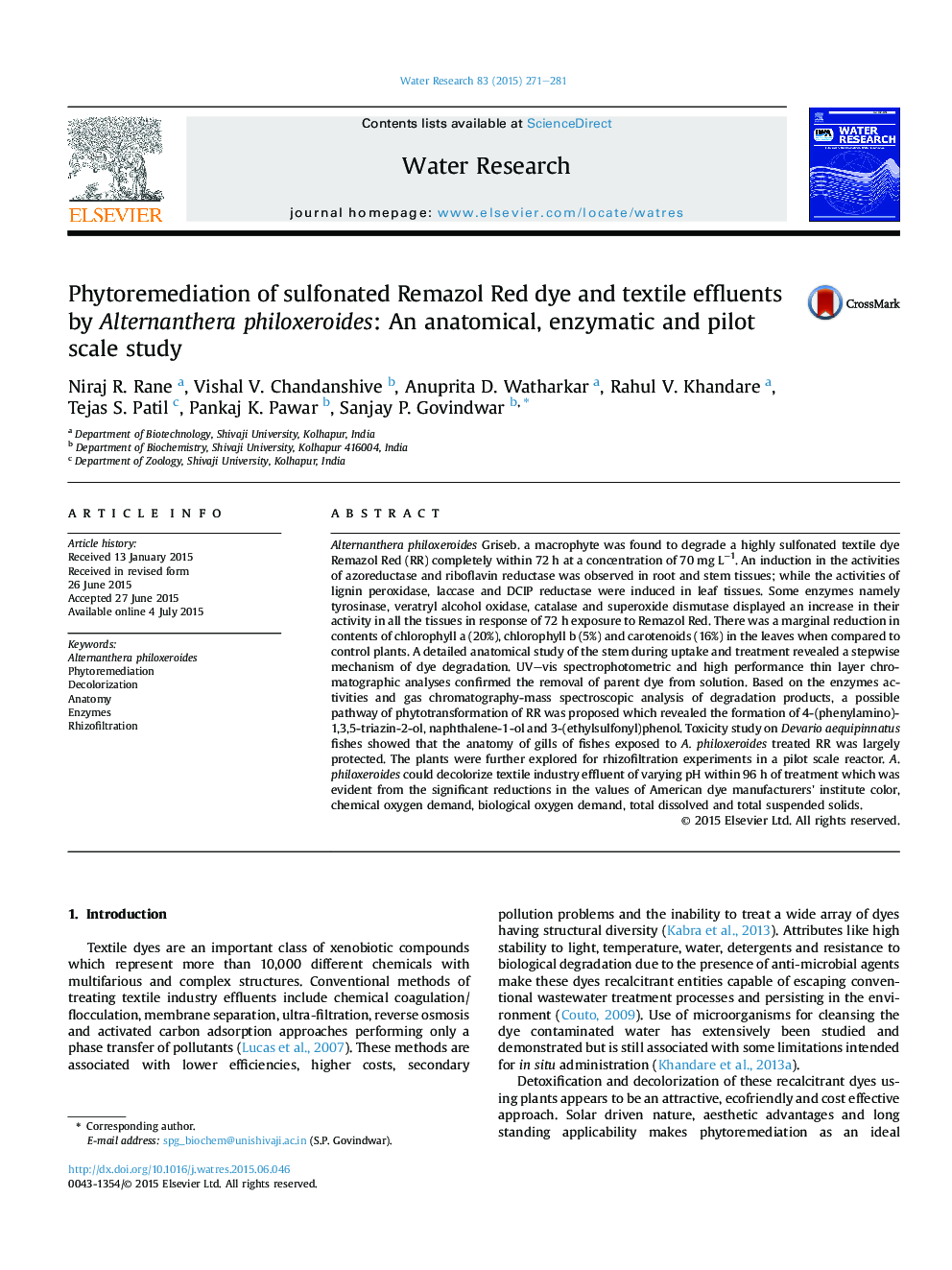 Phytoremediation of sulfonated Remazol Red dye and textile effluents by Alternanthera philoxeroides: An anatomical, enzymatic and pilot scale study