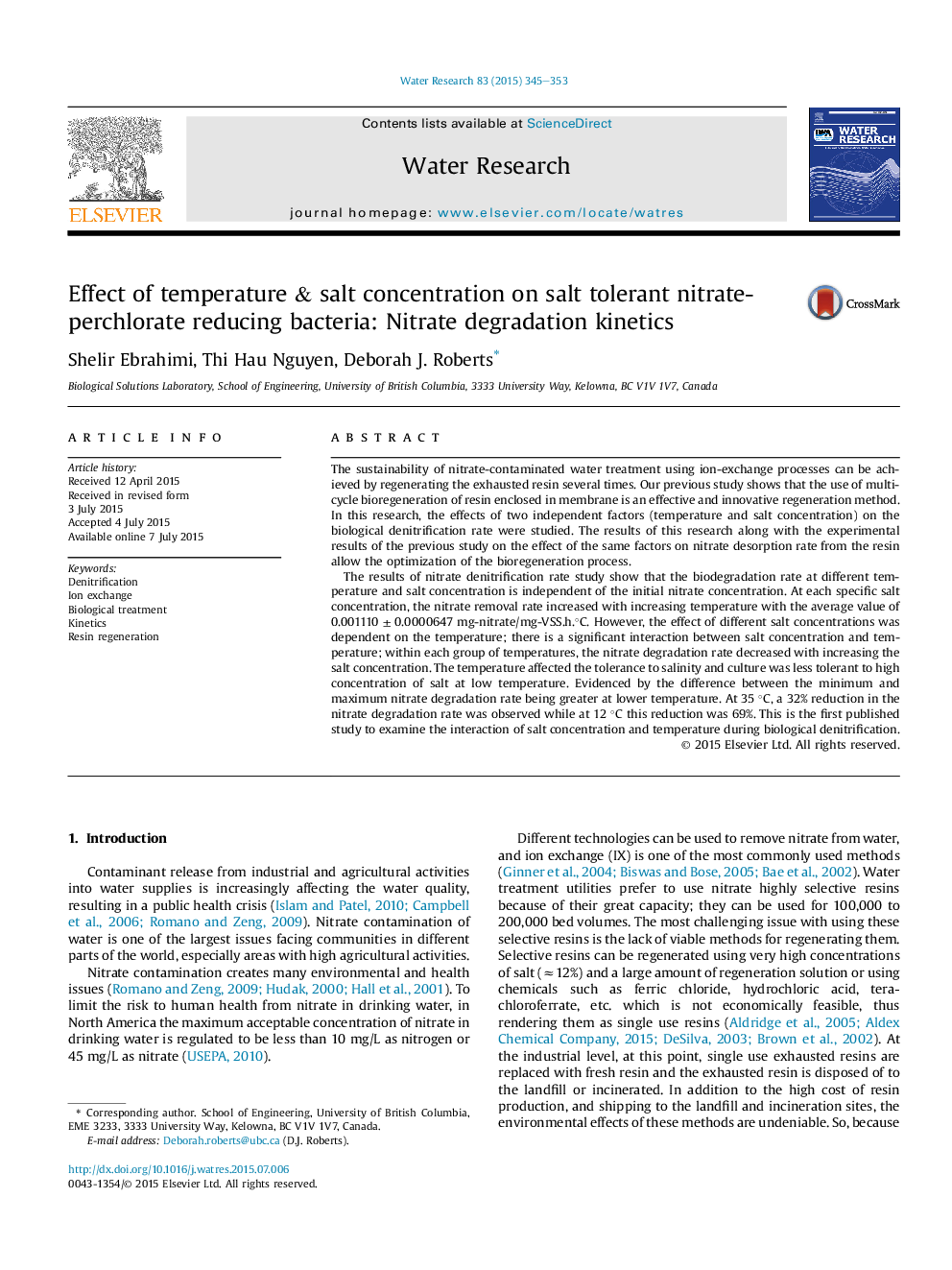 Effect of temperature & salt concentration on salt tolerant nitrate-perchlorate reducing bacteria: Nitrate degradation kinetics