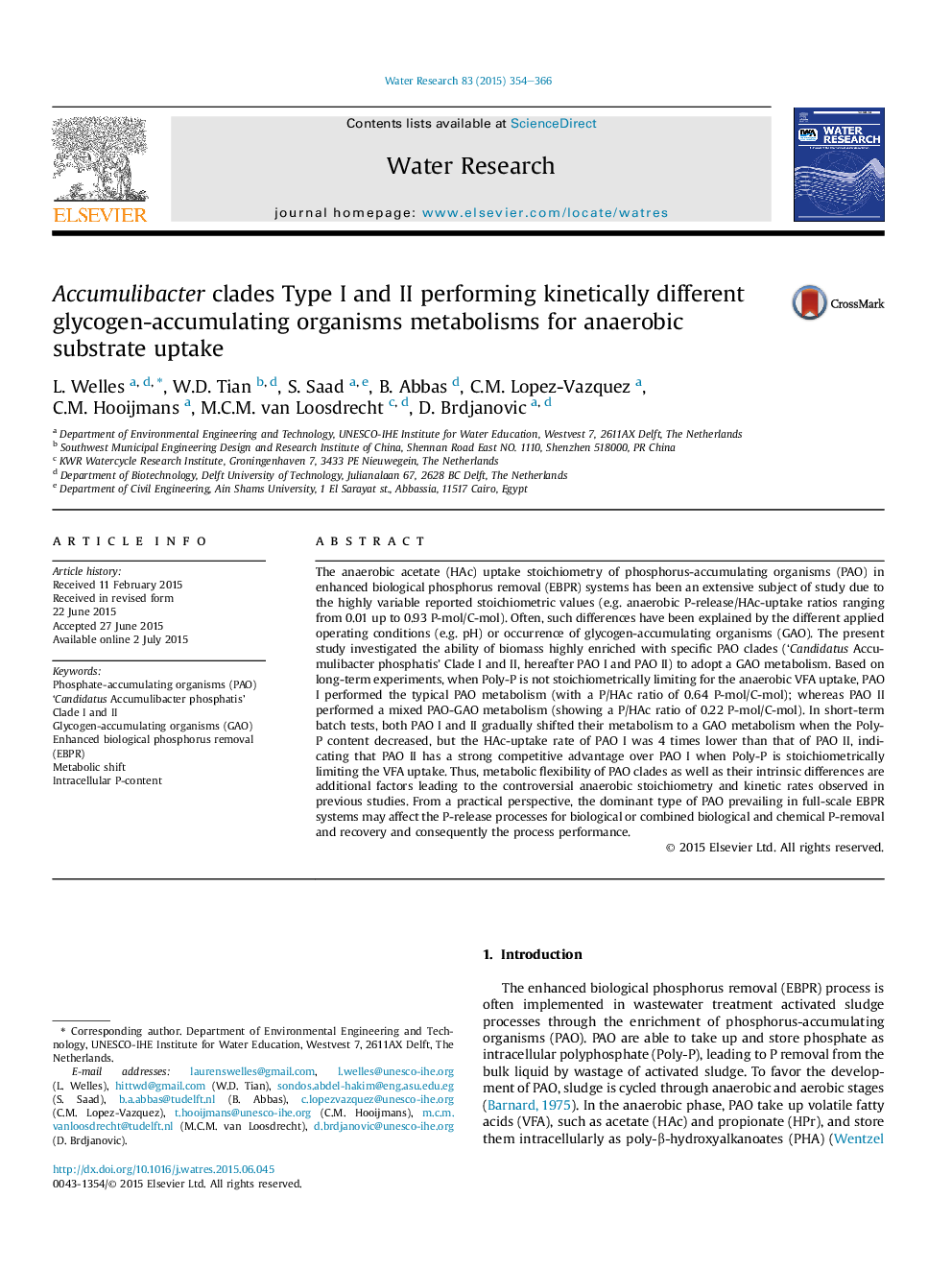 Accumulibacter clades Type I and II performing kinetically different glycogen-accumulating organisms metabolisms for anaerobic substrate uptake