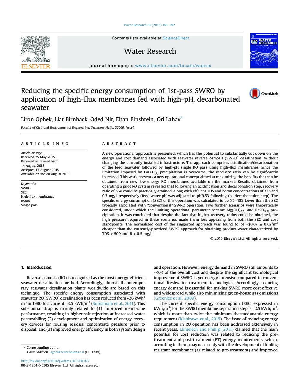 Reducing the specific energy consumption of 1st-pass SWRO by application of high-flux membranes fed with high-pH, decarbonated seawater