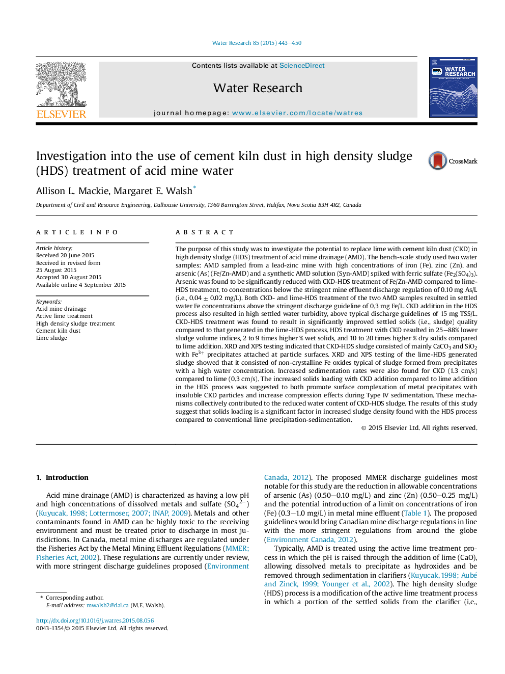 Investigation into the use of cement kiln dust in high density sludge (HDS) treatment of acid mine water