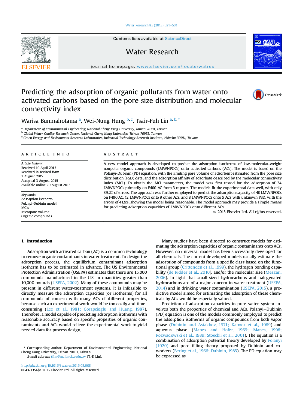 Predicting the adsorption of organic pollutants from water onto activated carbons based on the pore size distribution and molecular connectivity index