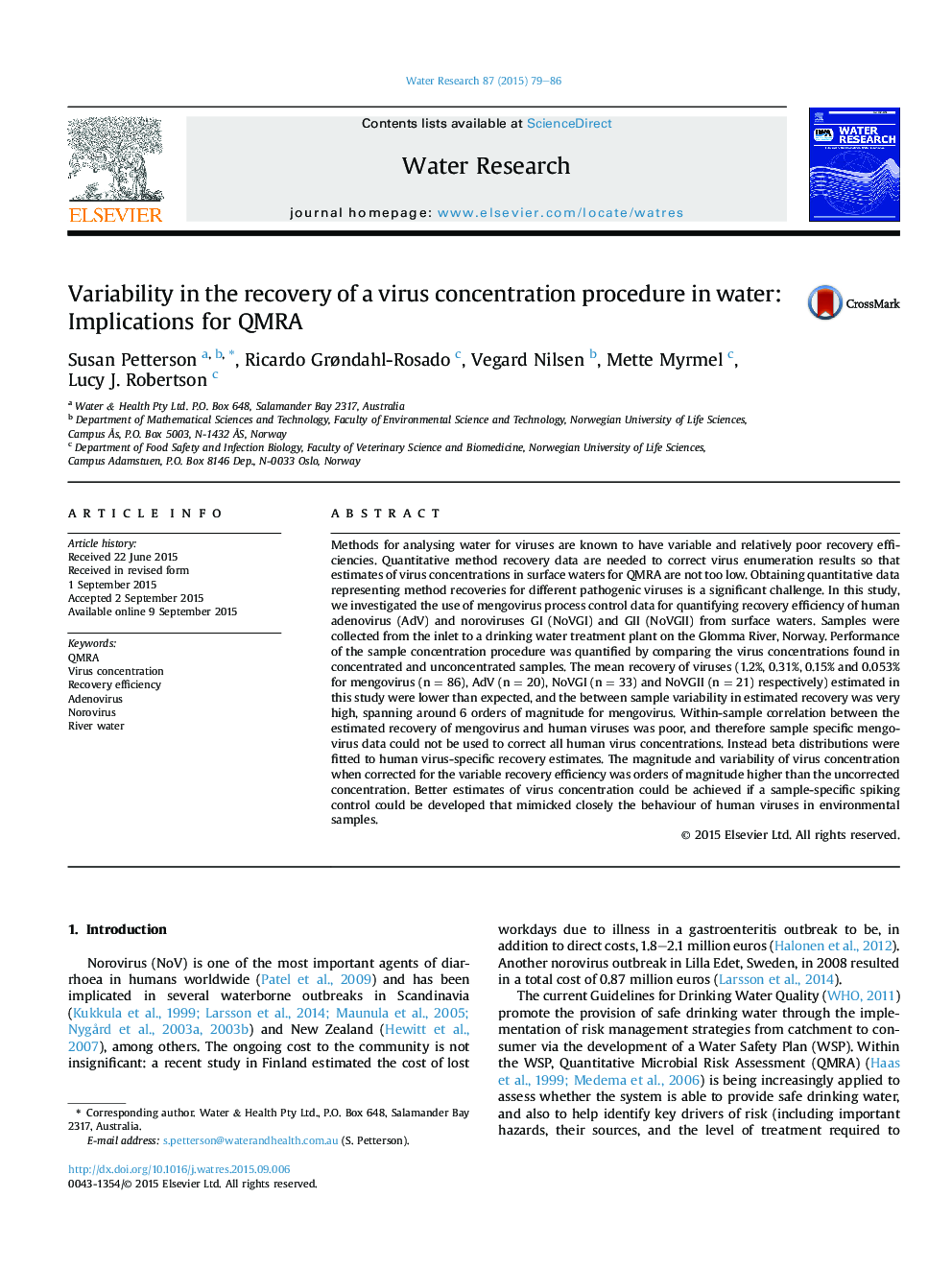Variability in the recovery of a virus concentration procedure in water: Implications for QMRA
