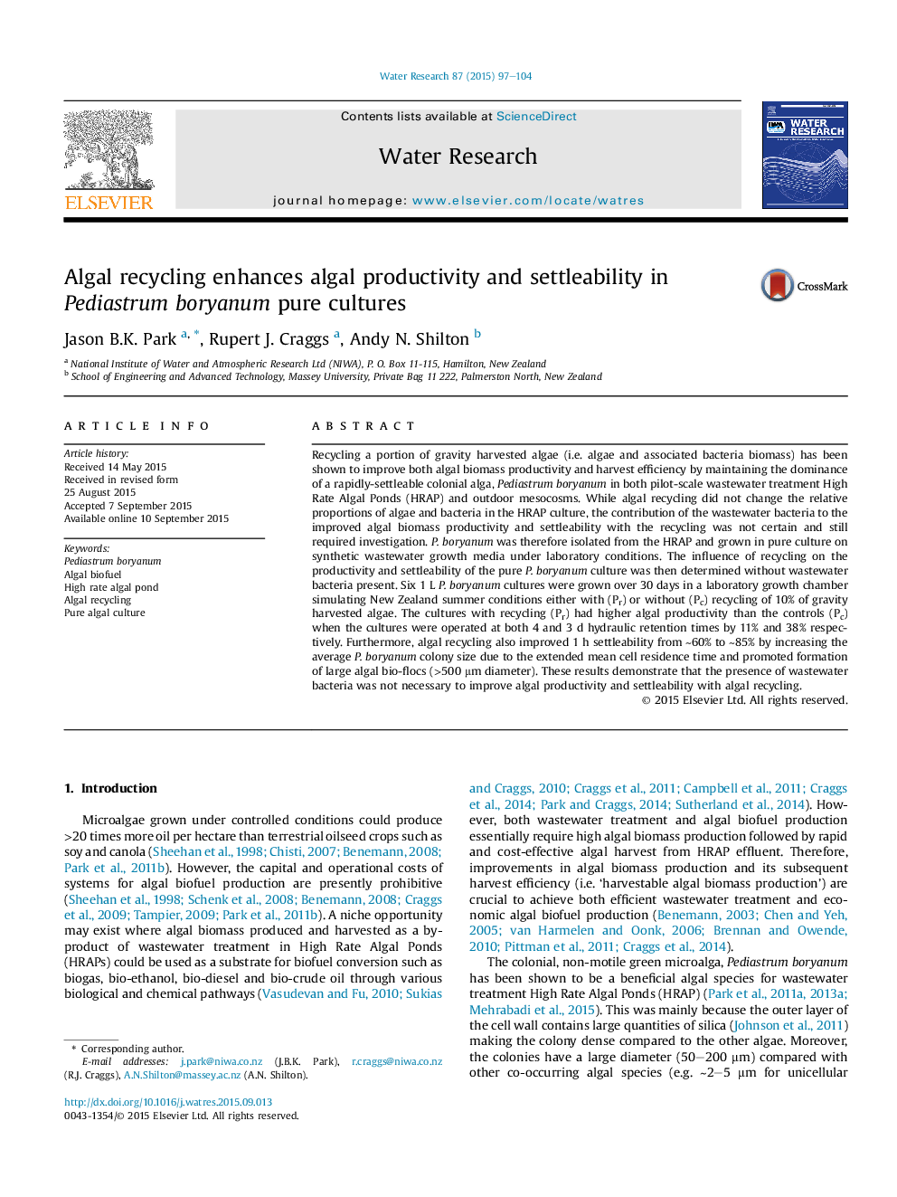 Algal recycling enhances algal productivity and settleability in Pediastrum boryanum pure cultures