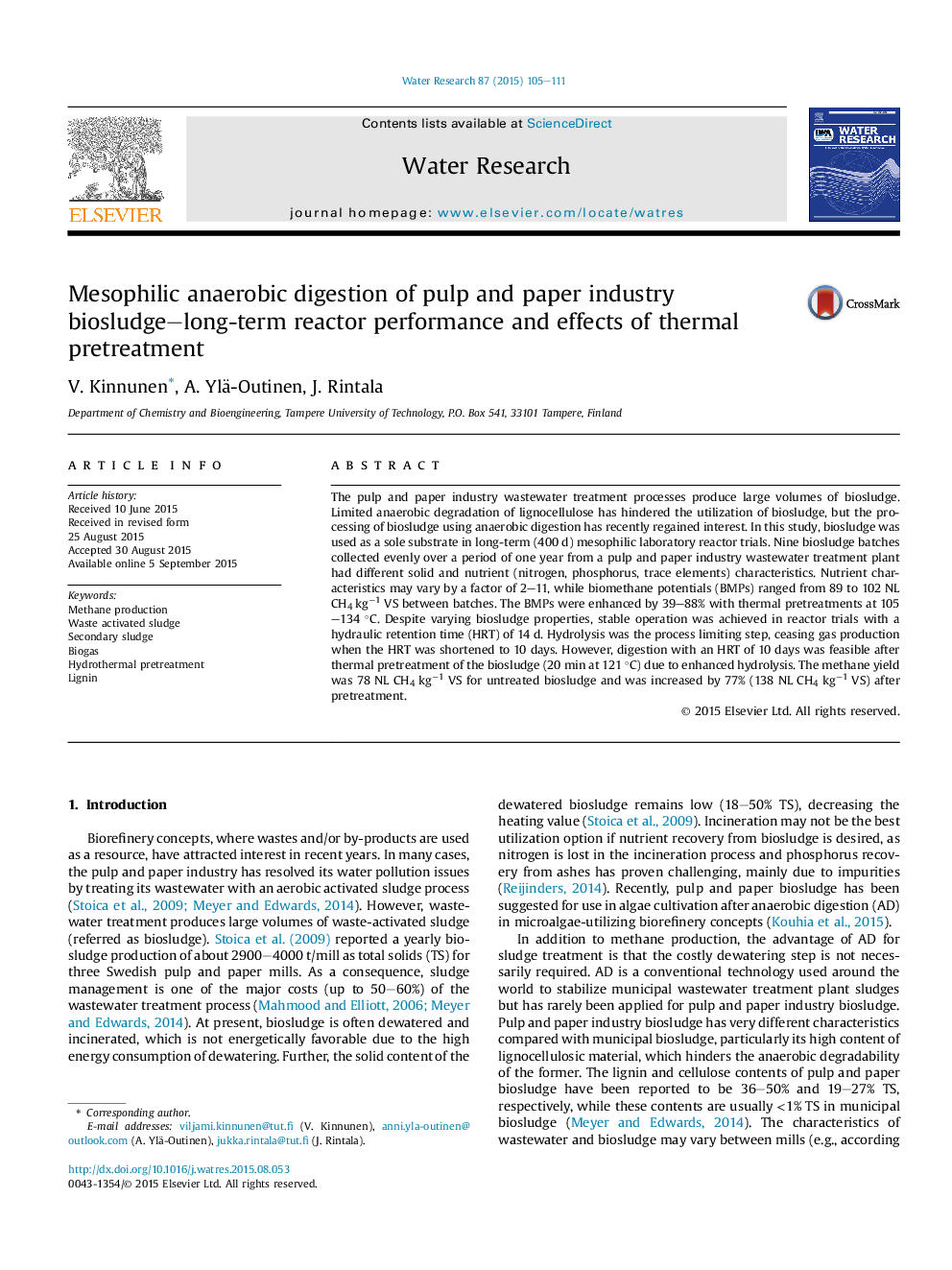 Mesophilic anaerobic digestion of pulp and paper industry biosludge-long-term reactor performance and effects of thermal pretreatment