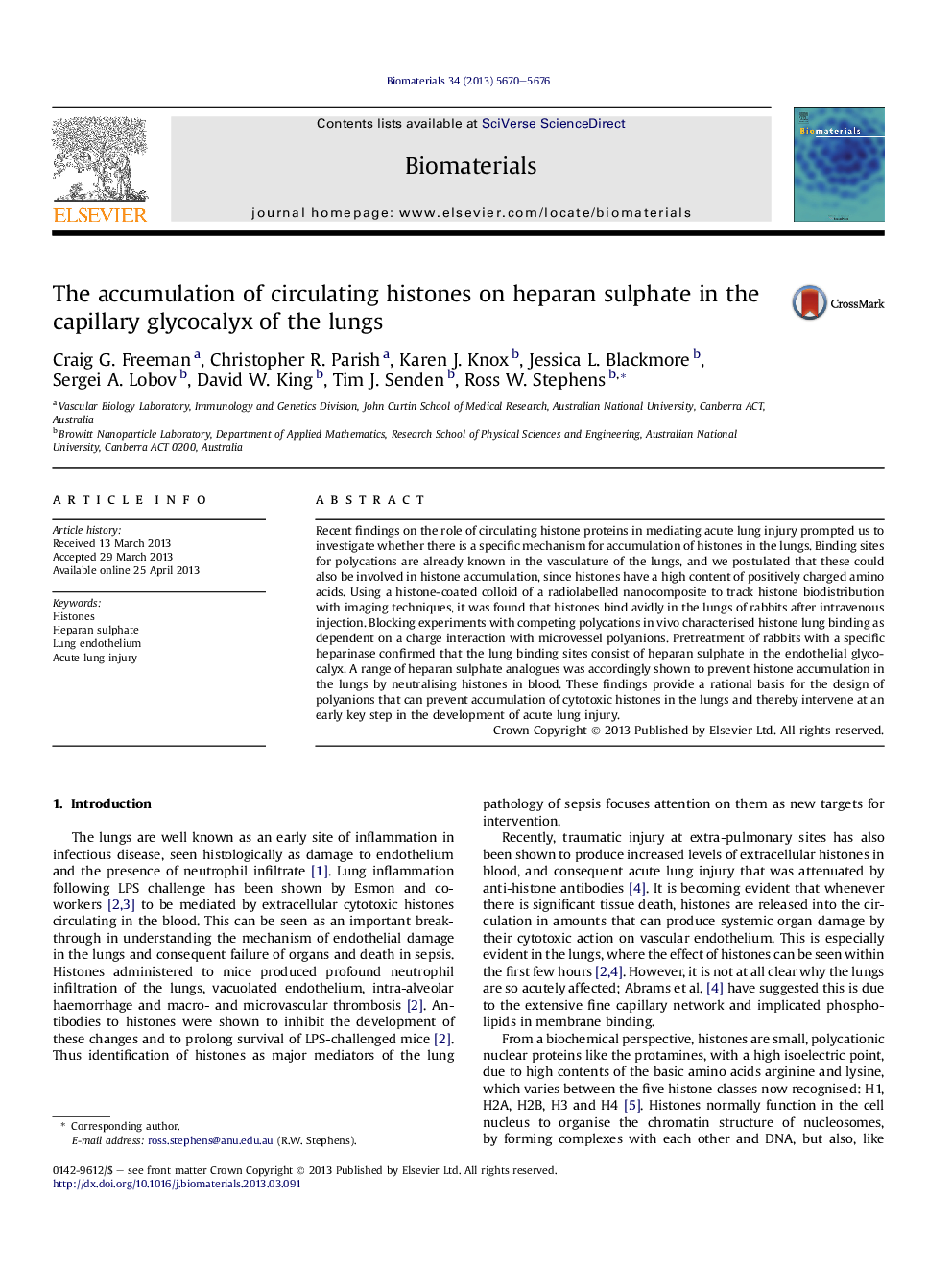 The accumulation of circulating histones on heparan sulphate in the capillary glycocalyx of the lungs