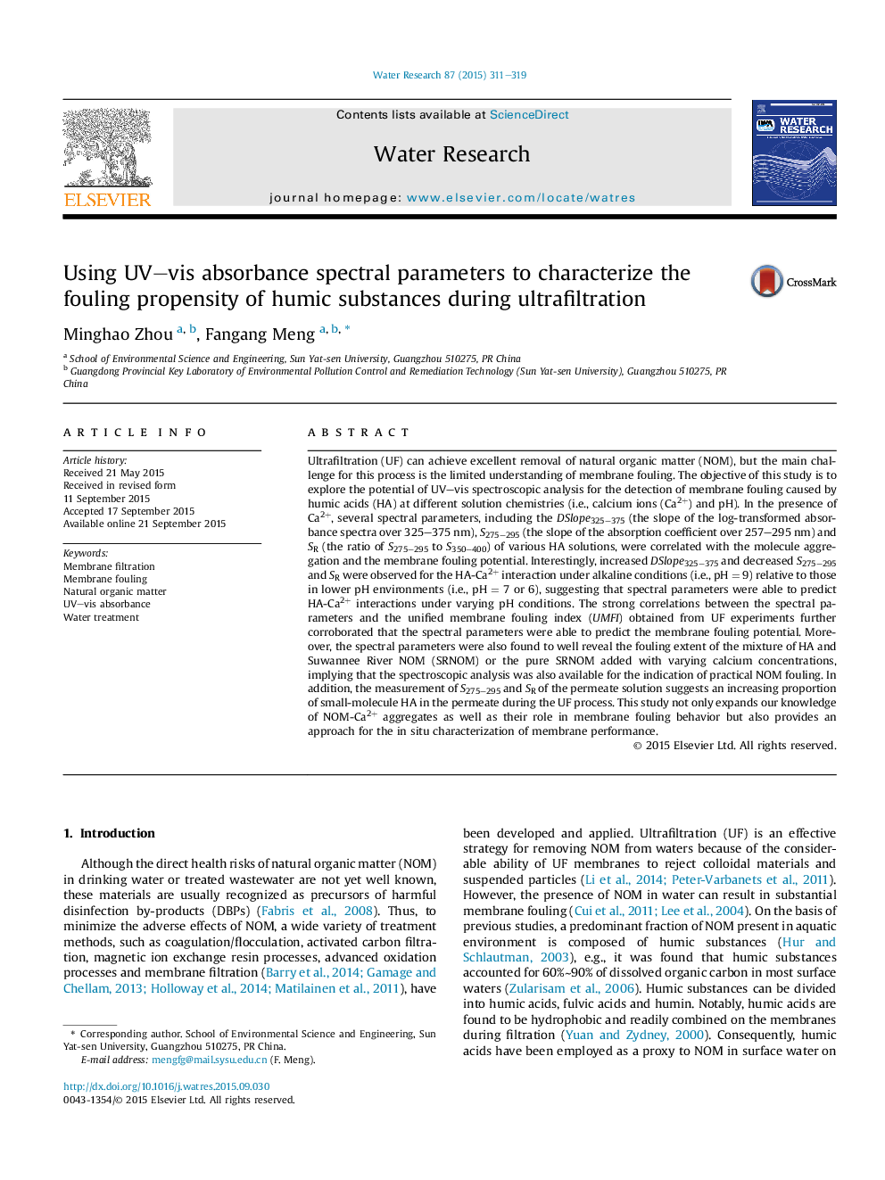 عکس صفحه اول مقاله: Using UV-vis absorbance spectral parameters to characterize the fouling propensity of humic substances during ultrafiltration Using UV-vis absorbance spectral parameters to characterize the fouling propensity of humic substances during ultrafiltration
