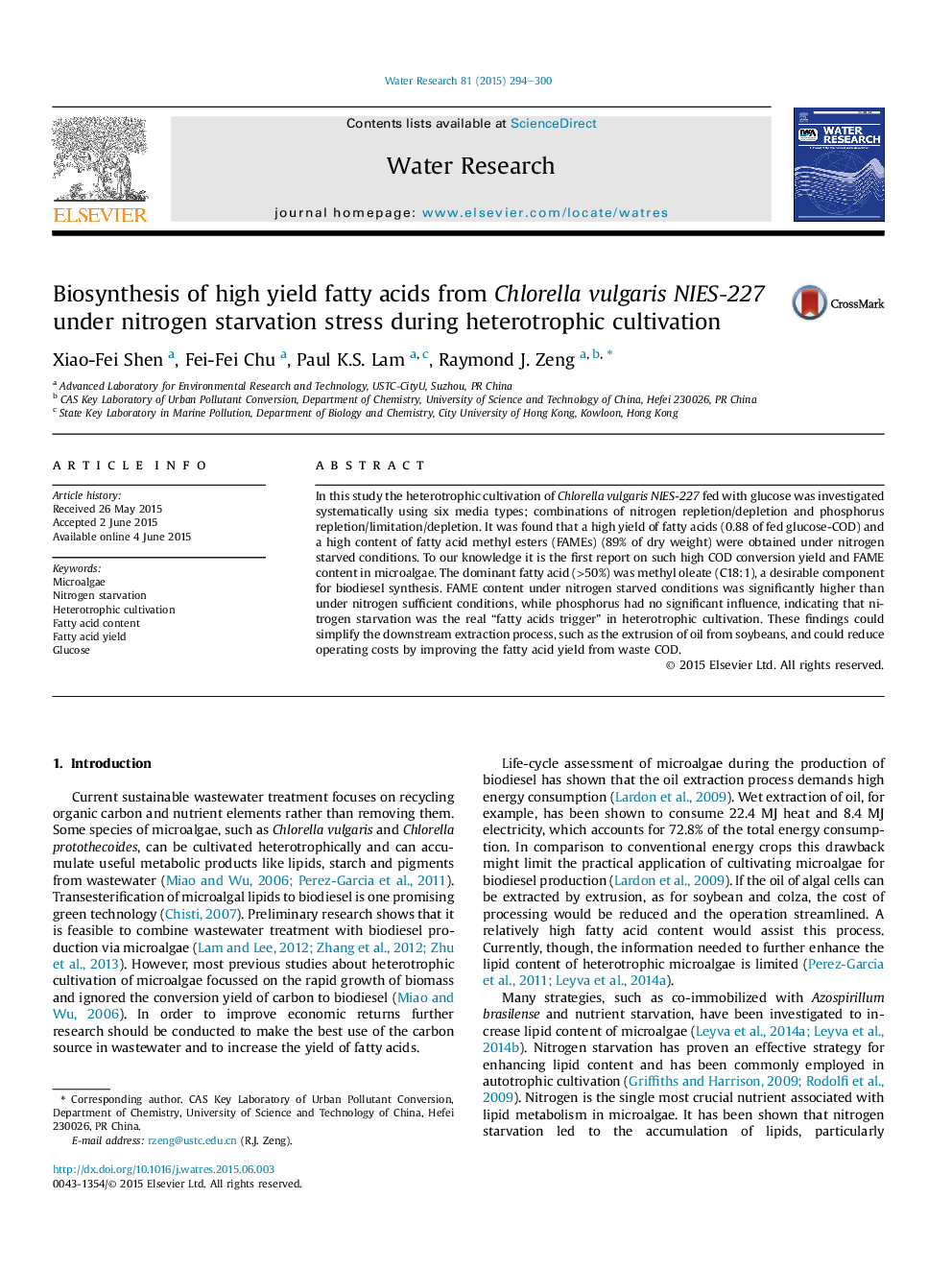 Biosynthesis of high yield fatty acids from Chlorella vulgaris NIES-227 under nitrogen starvation stress during heterotrophic cultivation