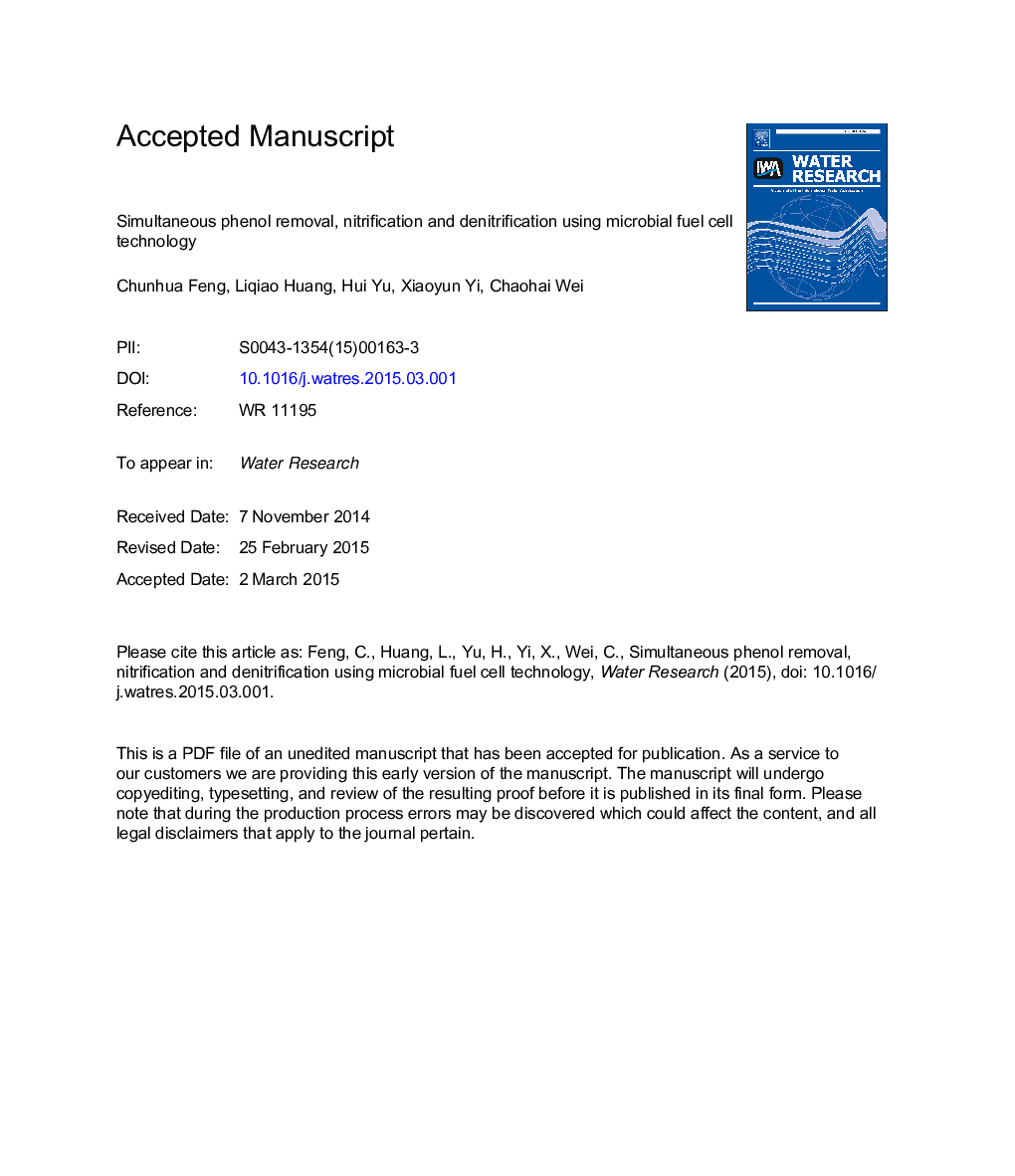 Simultaneous phenol removal, nitrification and denitrification using microbial fuel cell technology