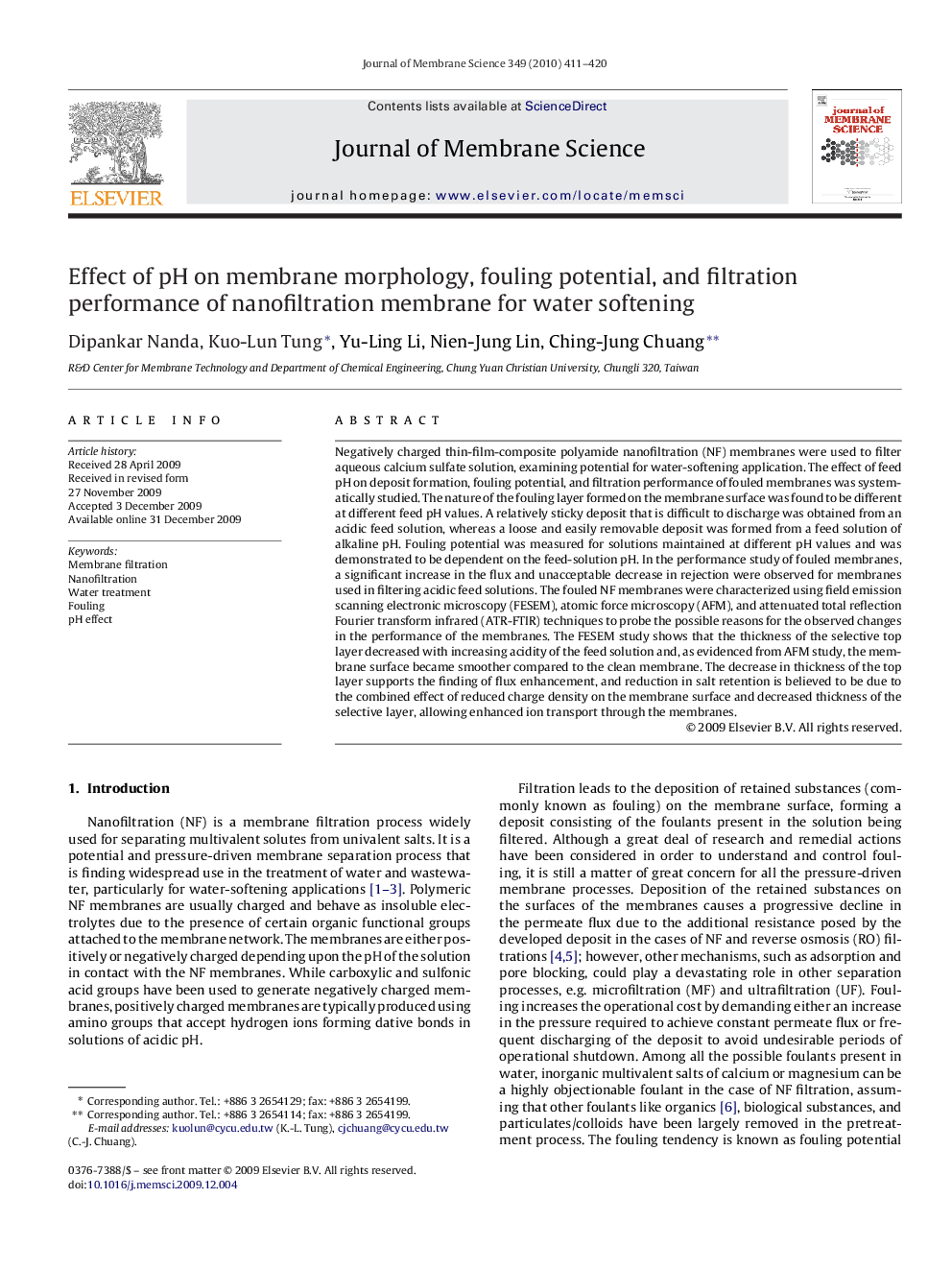 Effect of pH on membrane morphology, fouling potential, and filtration performance of nanofiltration membrane for water softening