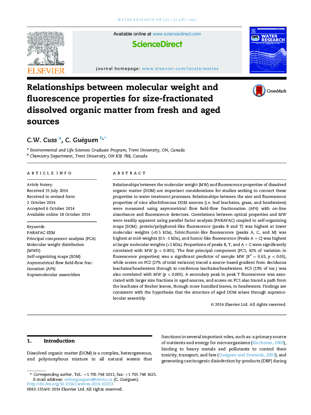 Relationships between molecular weight and fluorescence properties for size-fractionated dissolved organic matter from fresh and aged sources