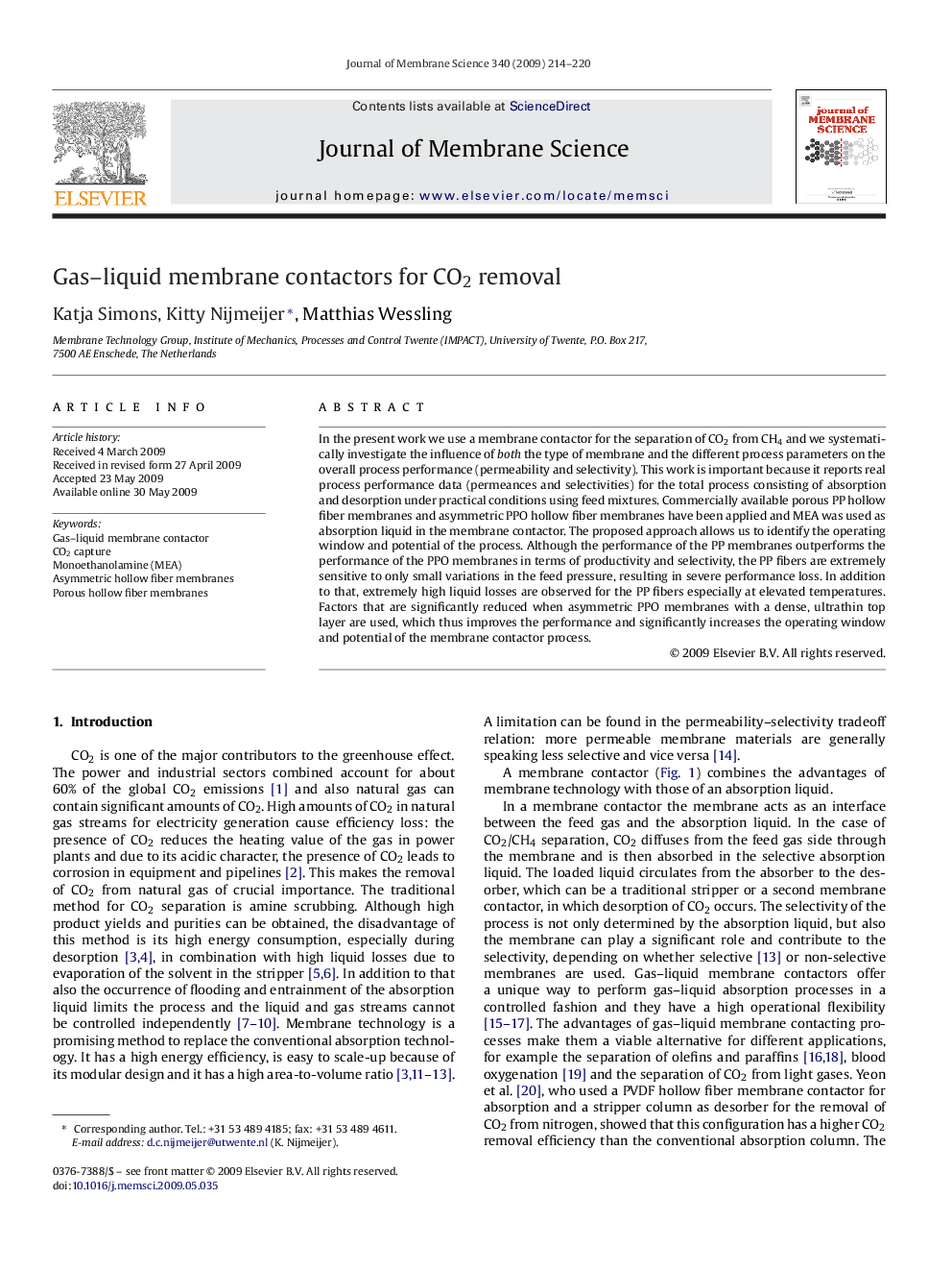 Gas–liquid membrane contactors for CO2 removal