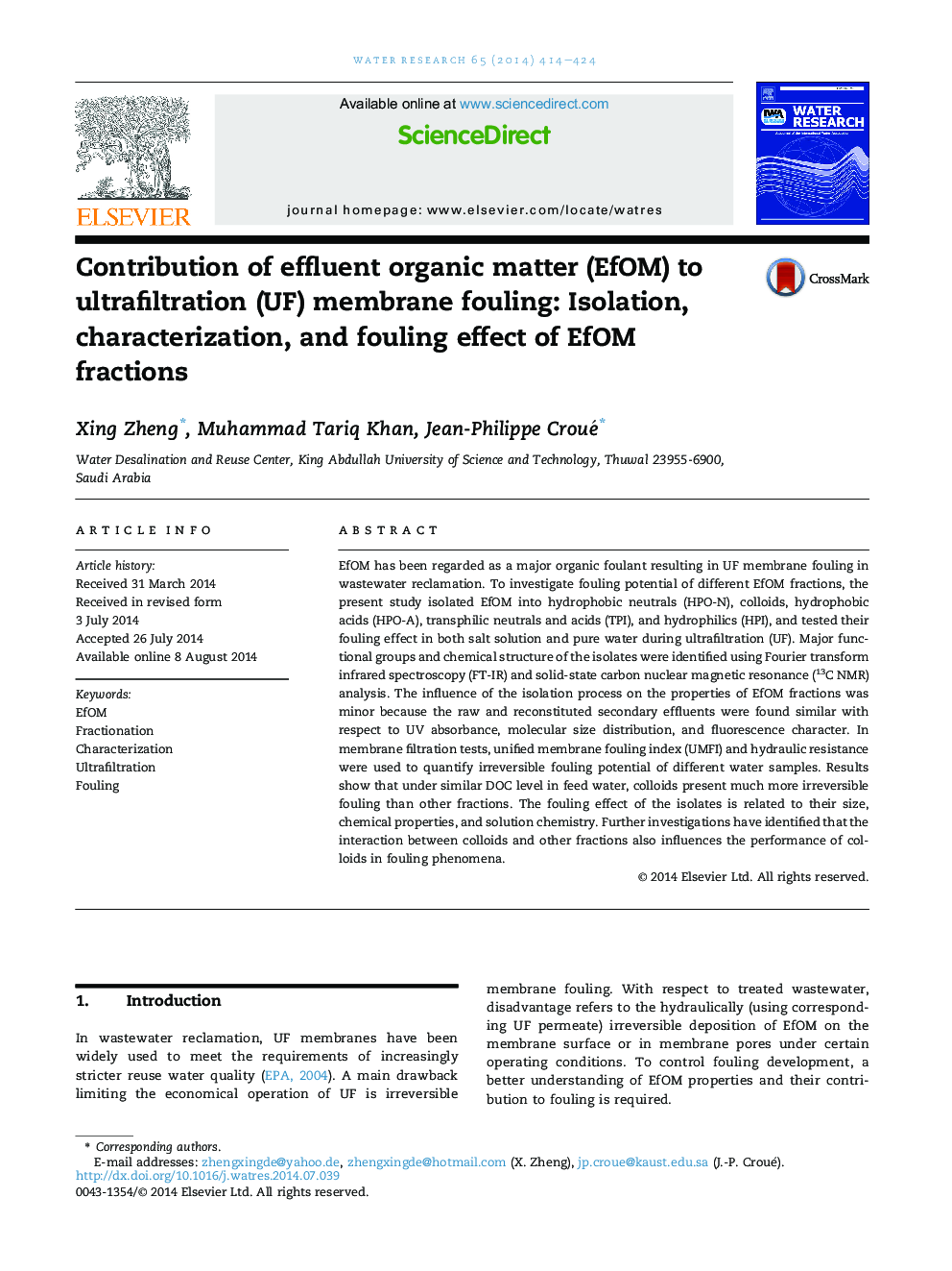 Contribution of effluent organic matter (EfOM) to ultrafiltration (UF) membrane fouling: Isolation, characterization, and fouling effect of EfOM fractions