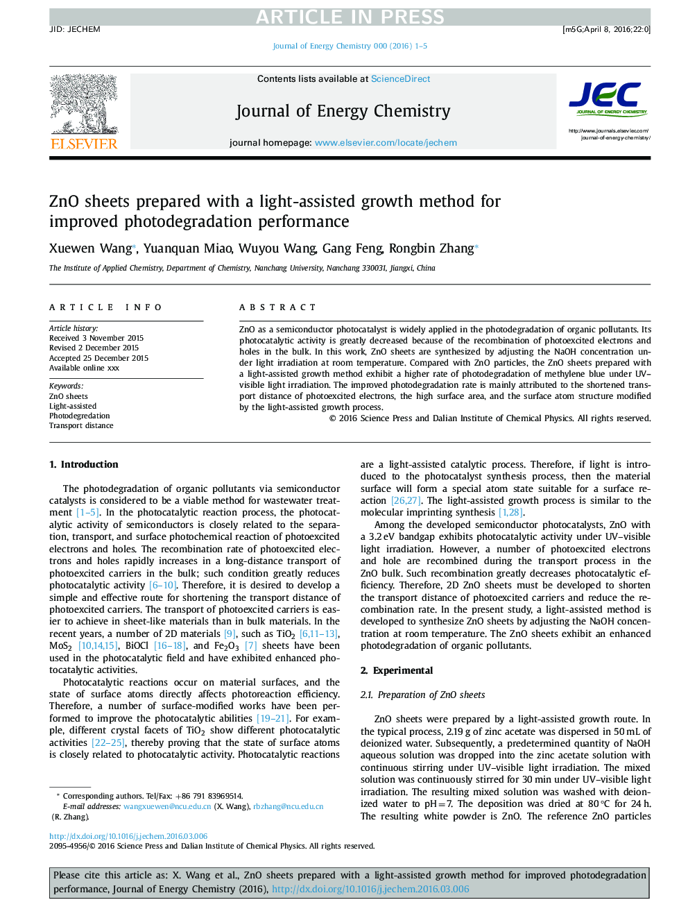 ZnO sheets prepared with a light-assisted growth method for improved photodegradation performance