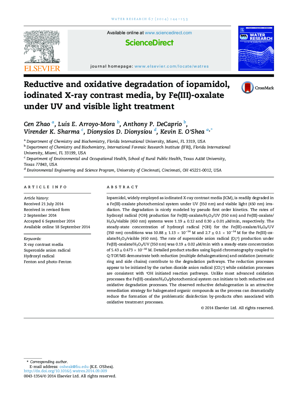 Reductive and oxidative degradation of iopamidol, iodinated X-ray contrast media, by Fe(III)-oxalate under UV and visible light treatment