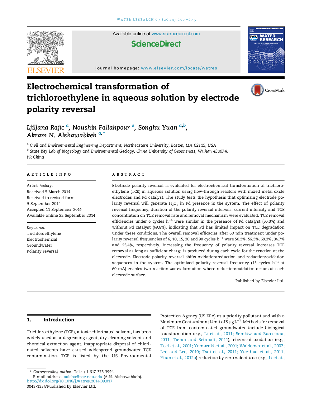 Electrochemical transformation of trichloroethylene in aqueous solution by electrode polarity reversal