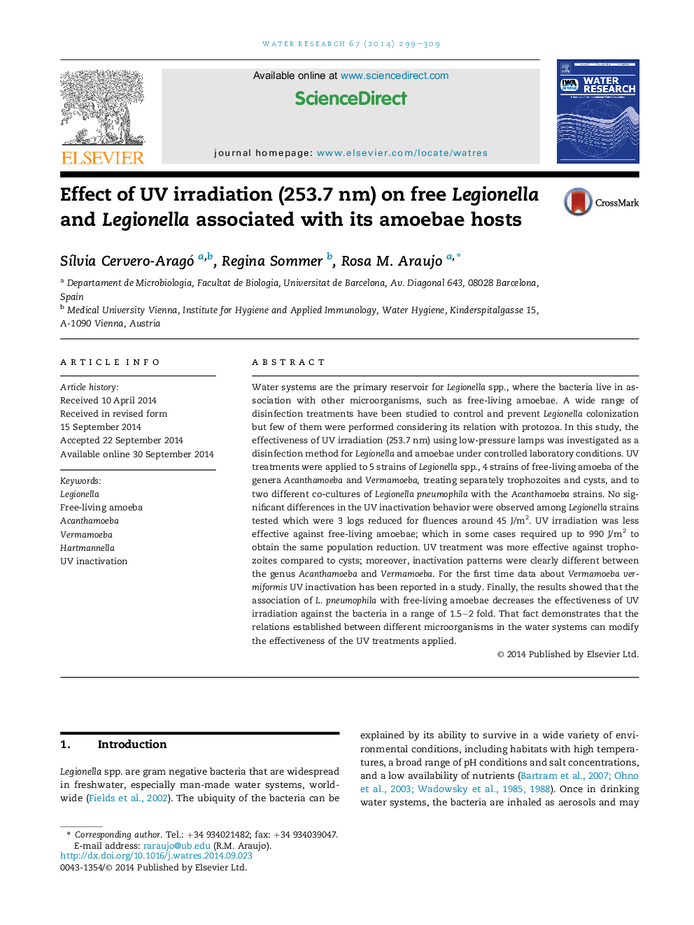 عکس صفحه اول مقاله: Effect of UV irradiation (253.7Â nm) on free Legionella and Legionella associated with its amoebae hosts Effect of UV irradiation (253.7Â nm) on free Legionella and Legionella associated with its amoebae hosts
