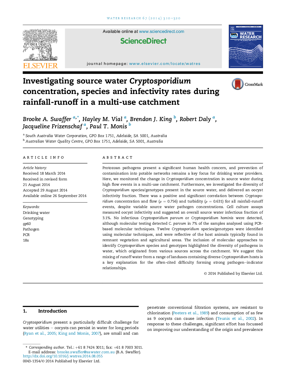 Investigating source water Cryptosporidium concentration, species and infectivity rates during rainfall-runoff in a multi-use catchment