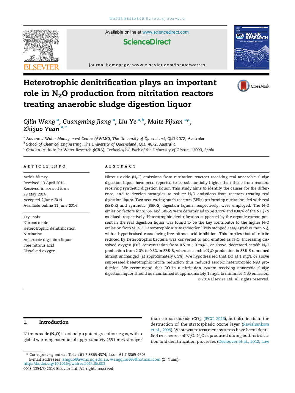 Heterotrophic denitrification plays an important role in N2O production from nitritation reactors treating anaerobic sludge digestion liquor