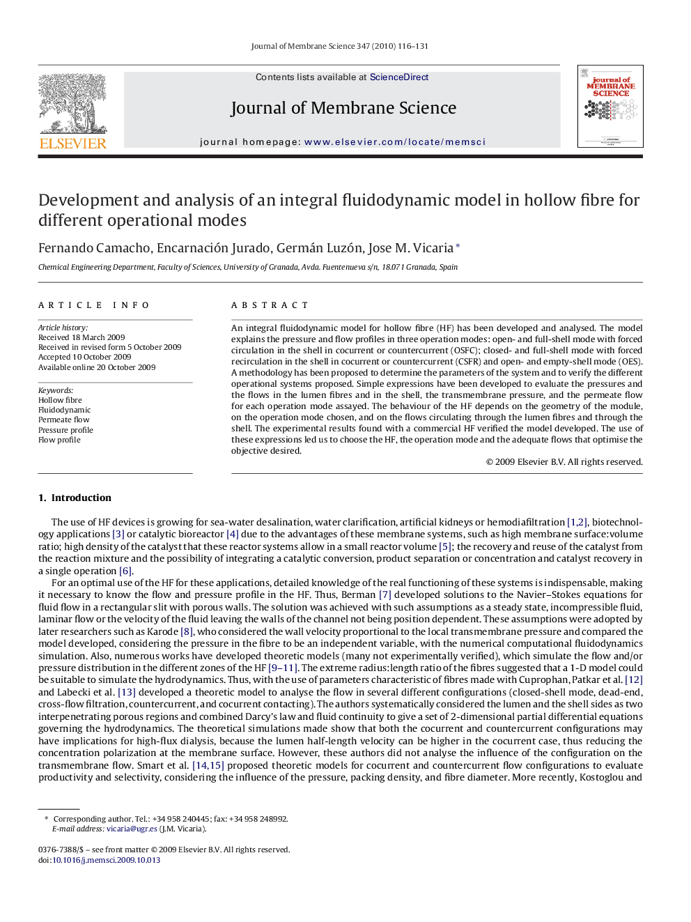 Development and analysis of an integral fluidodynamic model in hollow fibre for different operational modes