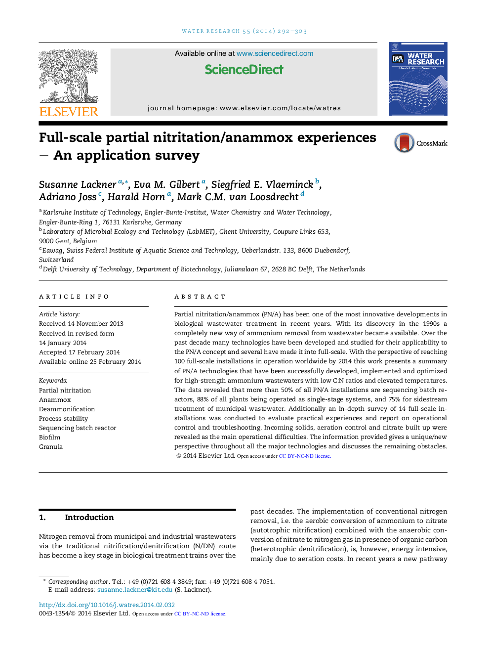 Full-scale partial nitritation/anammox experiences - An application survey