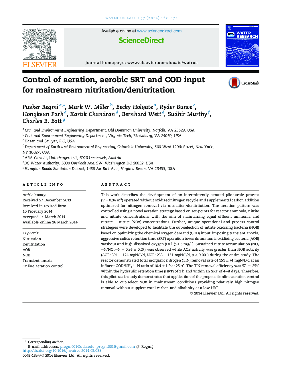 Control of aeration, aerobic SRT and COD input for mainstream nitritation/denitritation